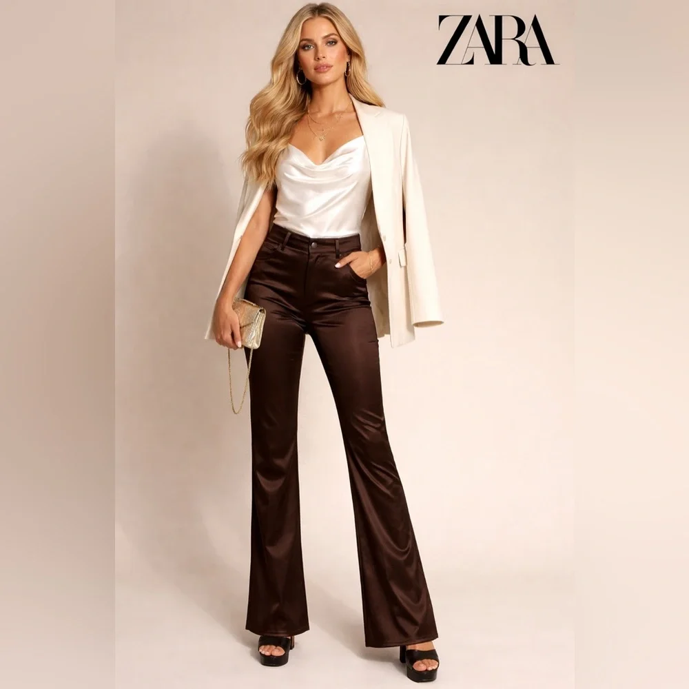 Zara Basic Satin Jeans / Pants / Trousers (Brown) - Picture 1 of 15